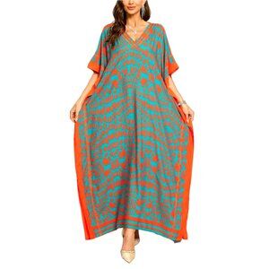 V-Neck Print Swimsuit Cover Up Plus Size Beach Caftan Lounge Dress